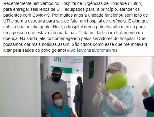 Governador Ronaldo Caiado vibra com primeira alta na UTI do Hutrin